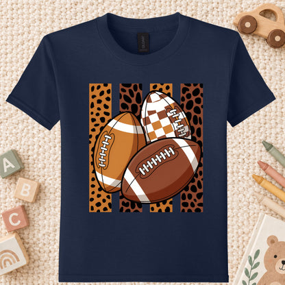 Leopard Football Game Day T-Shirt, Brown Checkered Football Season Tee for Youth