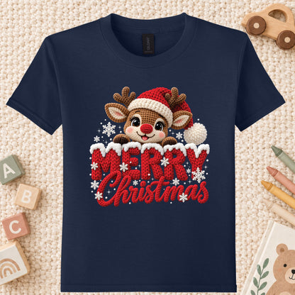 Cute Reindeer Christmas T-Shirt, Santa Hat Knitted Lettering Tee, Cozy Holiday Sweatshirt