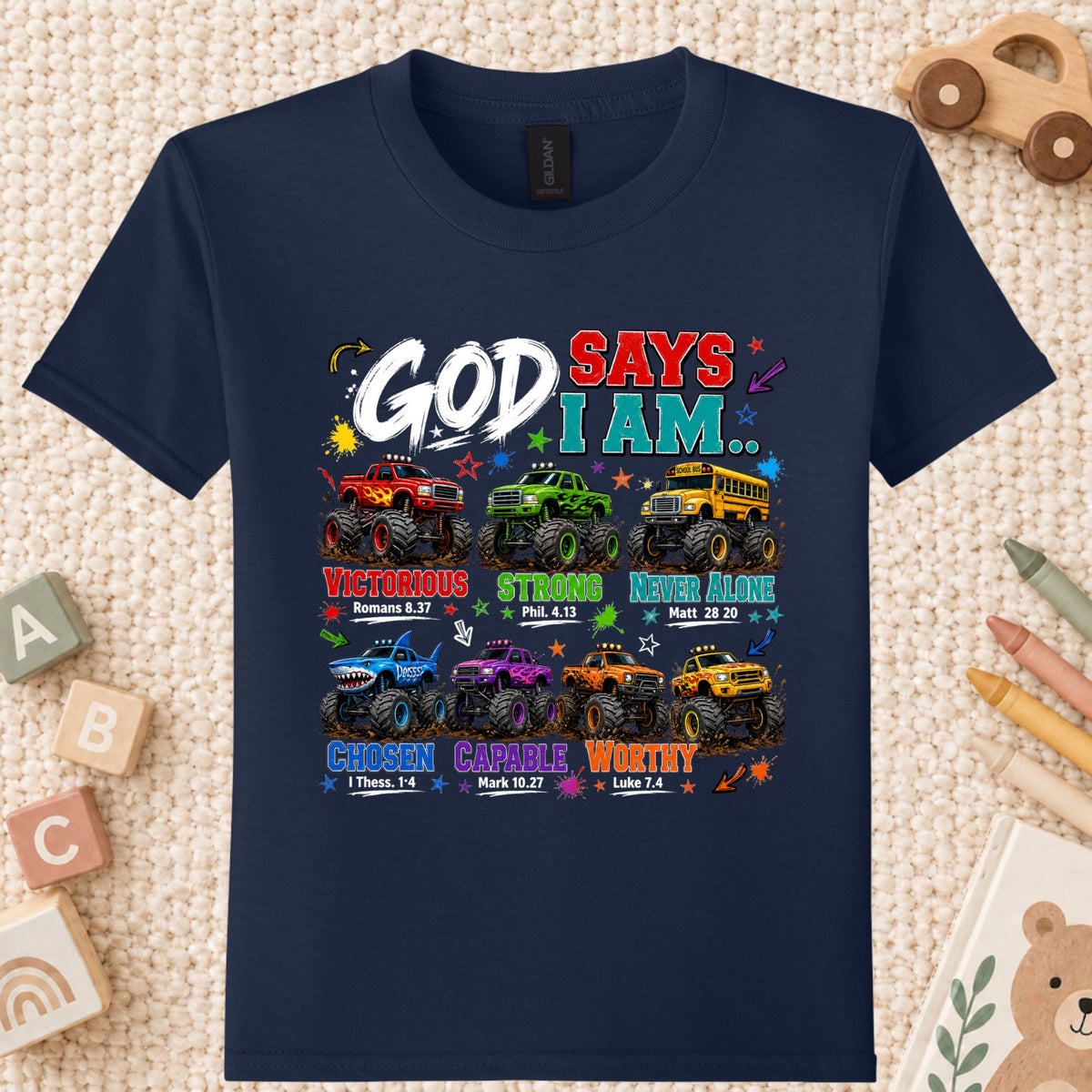 God Says I Am Monster Trucks Christian T-Shirt, Bible Verse Kids Religious Graphic Tee