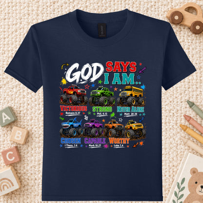 God Says I Am Monster Trucks Christian T-Shirt, Bible Verse Kids Religious Graphic Tee