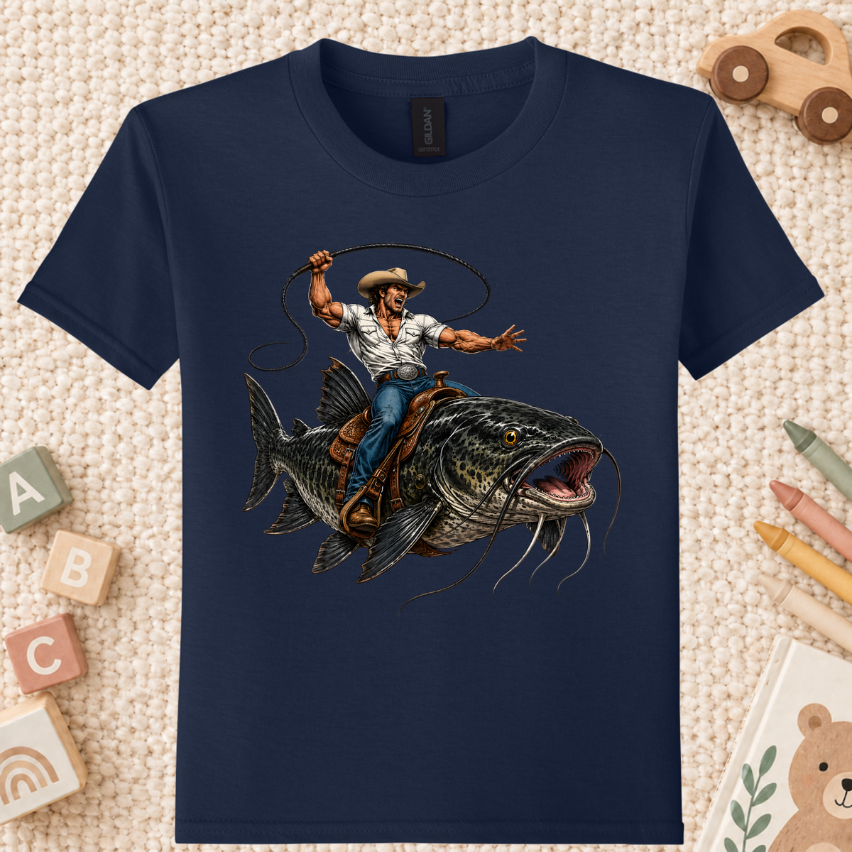 Cowboy Riding Catfish T-Shirt, Funny Fishing Rodeo Southern Graphic Tee for Toddler and Kids