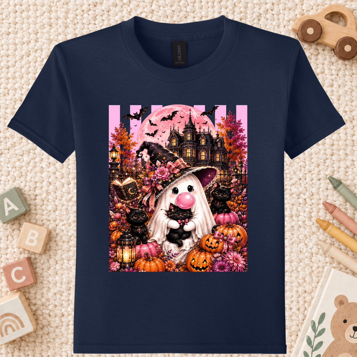 Pink Ghost Halloween T-Shirt, Witch Ghost Bubble Gum Black Cat Spooky Cute Tee for Toddler and Kids