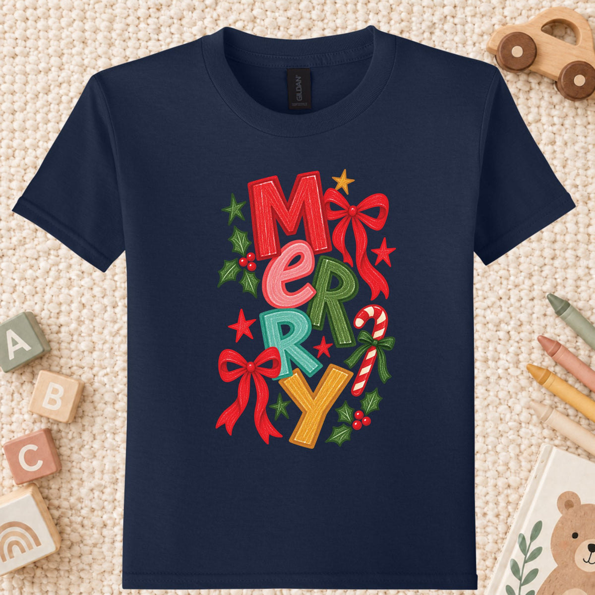 Merry Christmas T-Shirt, Colorful Lettering Red Bow Tee, Candy Cane Holiday Sweatshirt