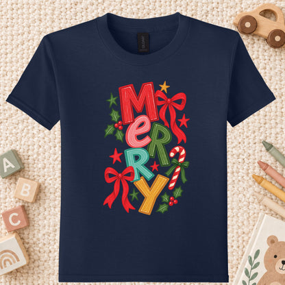 Merry Christmas T-Shirt, Colorful Lettering Red Bow Tee, Candy Cane Holiday Sweatshirt