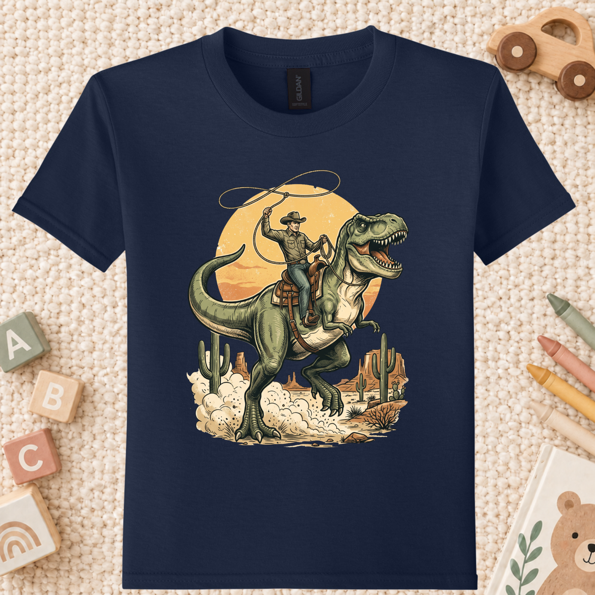 Cowboy Riding T-Rex Western T-Shirt, Rodeo Dinosaur Desert Cactus Tee for Toddler and Kids