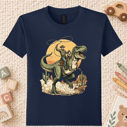 Cowboy Riding T-Rex Western T-Shirt, Rodeo Dinosaur Desert Cactus Tee for Toddler and Kids