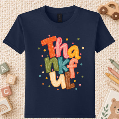 Thankful T-Shirt, Colorful Crayon Lettering Thanksgiving Tee, Fall Holiday Sweatshirt