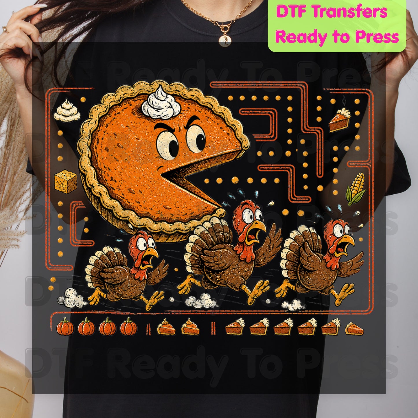 Funny Thanksgiving Pacman DTF Transfers, Pumpkin Pie Chasing Turkeys Maze Video Game Ready to Press