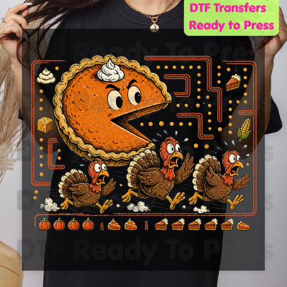 Funny Thanksgiving Pacman DTF Transfers, Pumpkin Pie Chasing Turkeys Maze Video Game Ready to Press