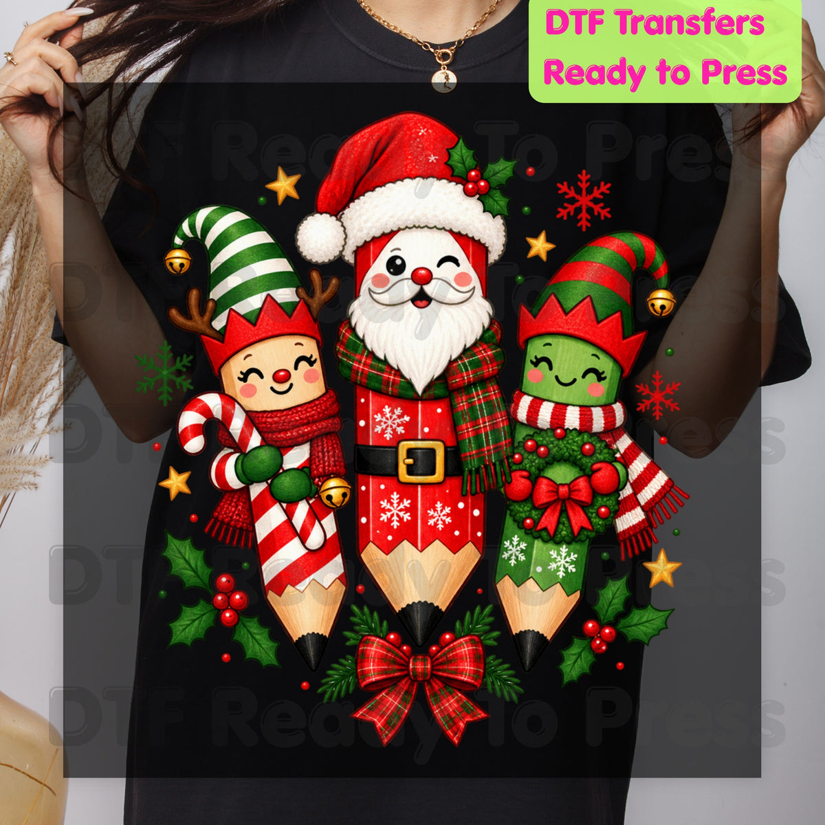 Christmas Teacher Pencils DTF Transfers, Holiday School Elf Santa Cute Teacher Ready to Press
