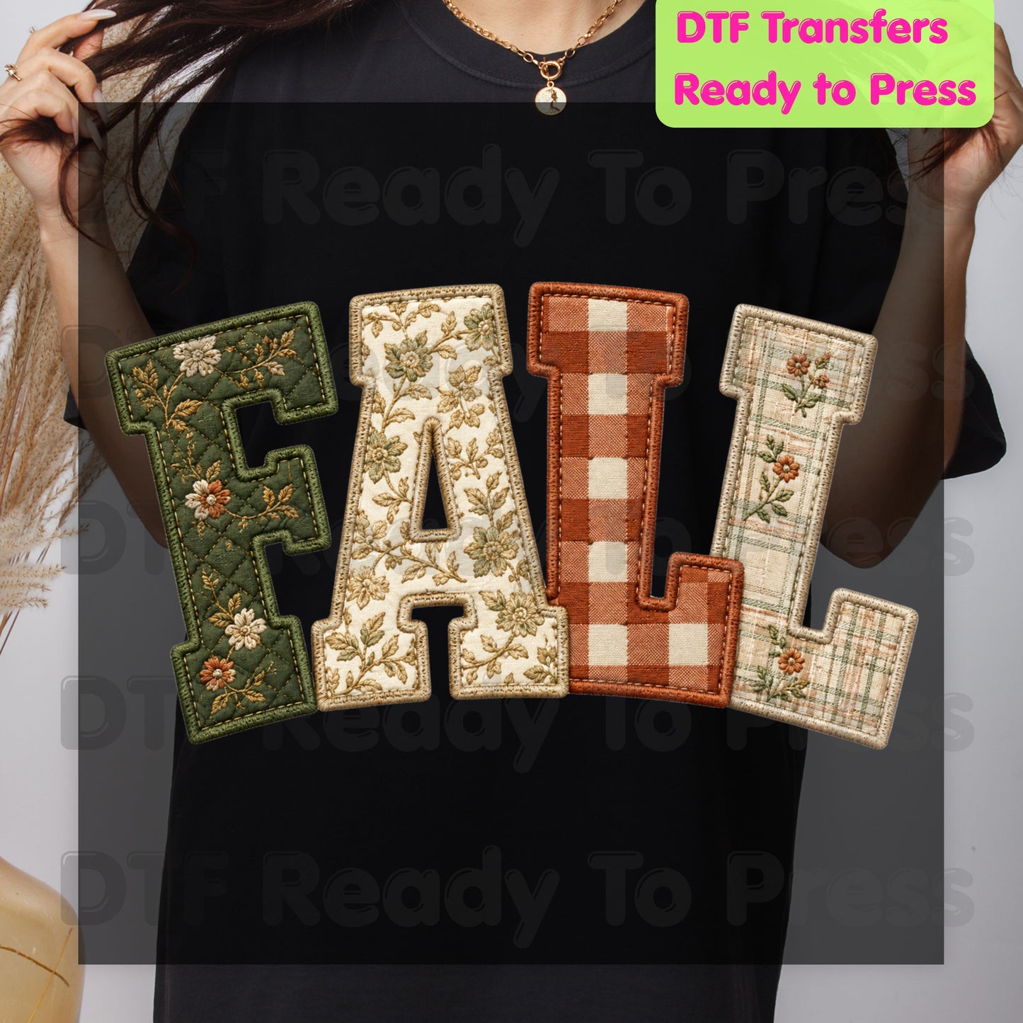 Fall Patchwork Chenille Letters DTF Transfers, Quilted Plaid Autumn Thanksgiving Ready to Press
