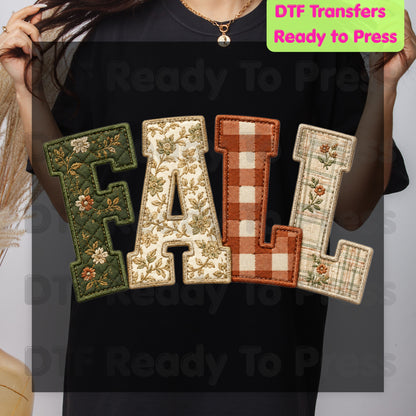 Fall Patchwork Chenille Letters DTF Transfers, Quilted Plaid Autumn Thanksgiving Ready to Press