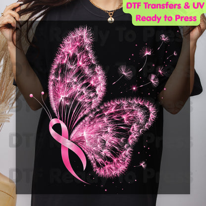 Pink Butterfly Ribbon Breast Cancer Awareness DTF Transfer Ready to Press Heat Transfer Dandelion Floral Tee