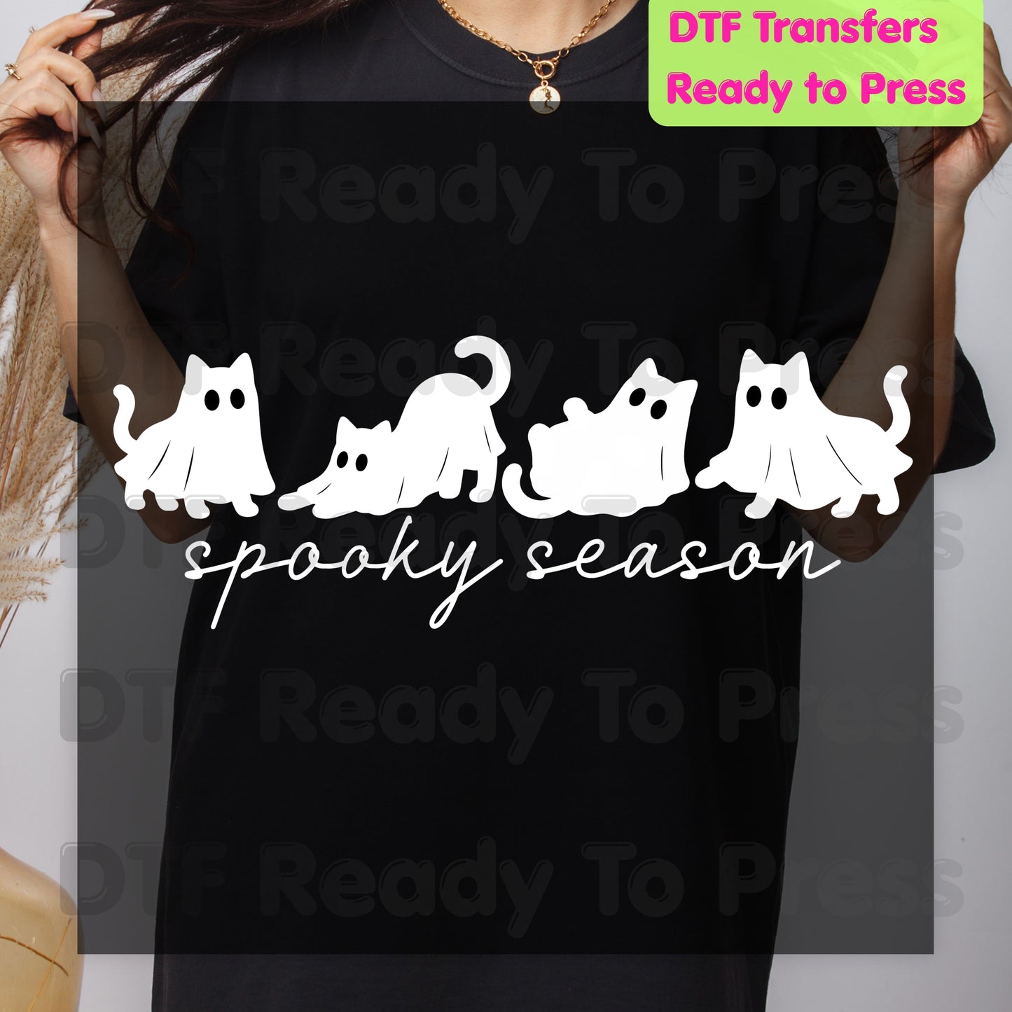 Spooky Season Ghost Cats DTF Transfers, Black Cats Sheet Ghost Line Art Minimalist Ready to Press