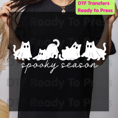 Spooky Season Ghost Cats DTF Transfers, Black Cats Sheet Ghost Line Art Minimalist Ready to Press