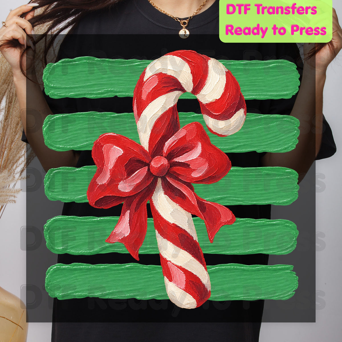 Candy Cane DTF Transfers, Red Bow Green Striped Background Vintage Christmas Holiday Ready to Press