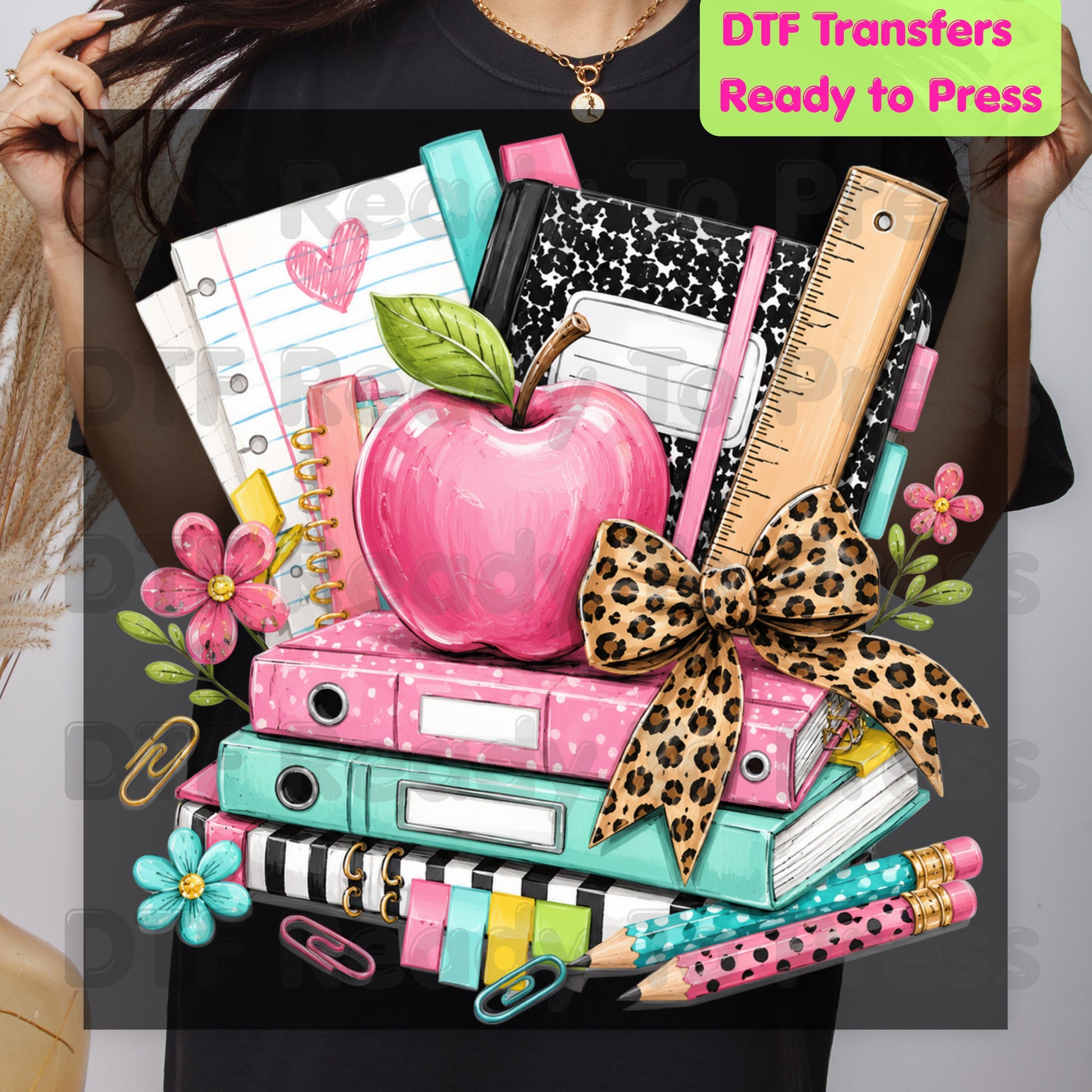 Pink Apple School Supplies DTF Transfers, Books Leopard Bow Back to School Teacher Student Ready to Press