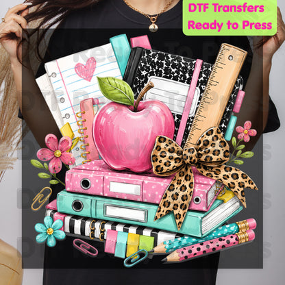 Pink Apple School Supplies DTF Transfers, Books Leopard Bow Back to School Teacher Student Ready to Press