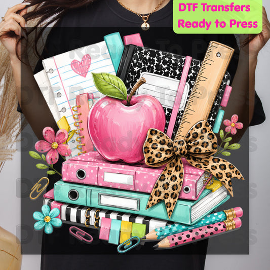 Pink Apple School Supplies DTF Transfers, Books Leopard Bow Back to School Teacher Student Ready to Press