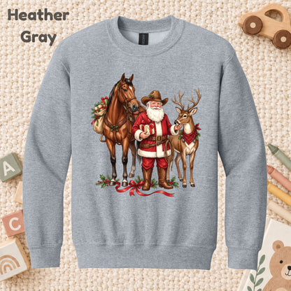 Cowboy Santa Christmas T-Shirt, Western Santa with Horse and Reindeer Graphic Tee, Country Holiday Shirt