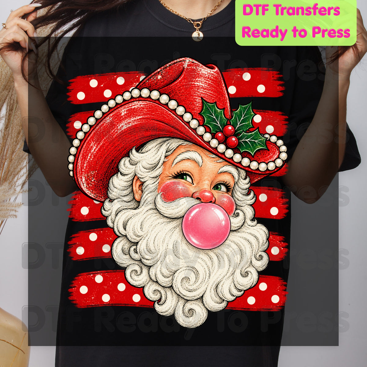 Western Santa DTF Transfers, Christmas Cowboy Hat Bubblegum Pink Vintage Holiday Ready to Press
