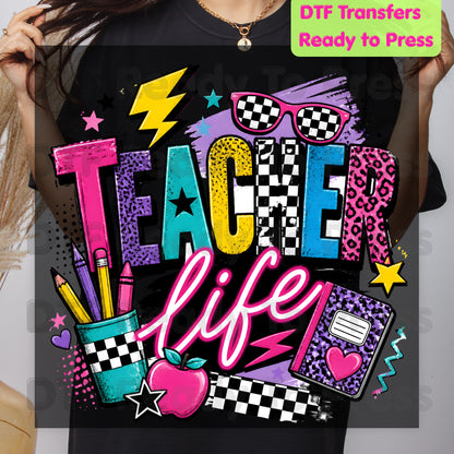 Retro Neon Teacher Life DTF Transfers, Colorful Doodle Graffiti Checkerboard Sunglasses Back to School Ready to Press