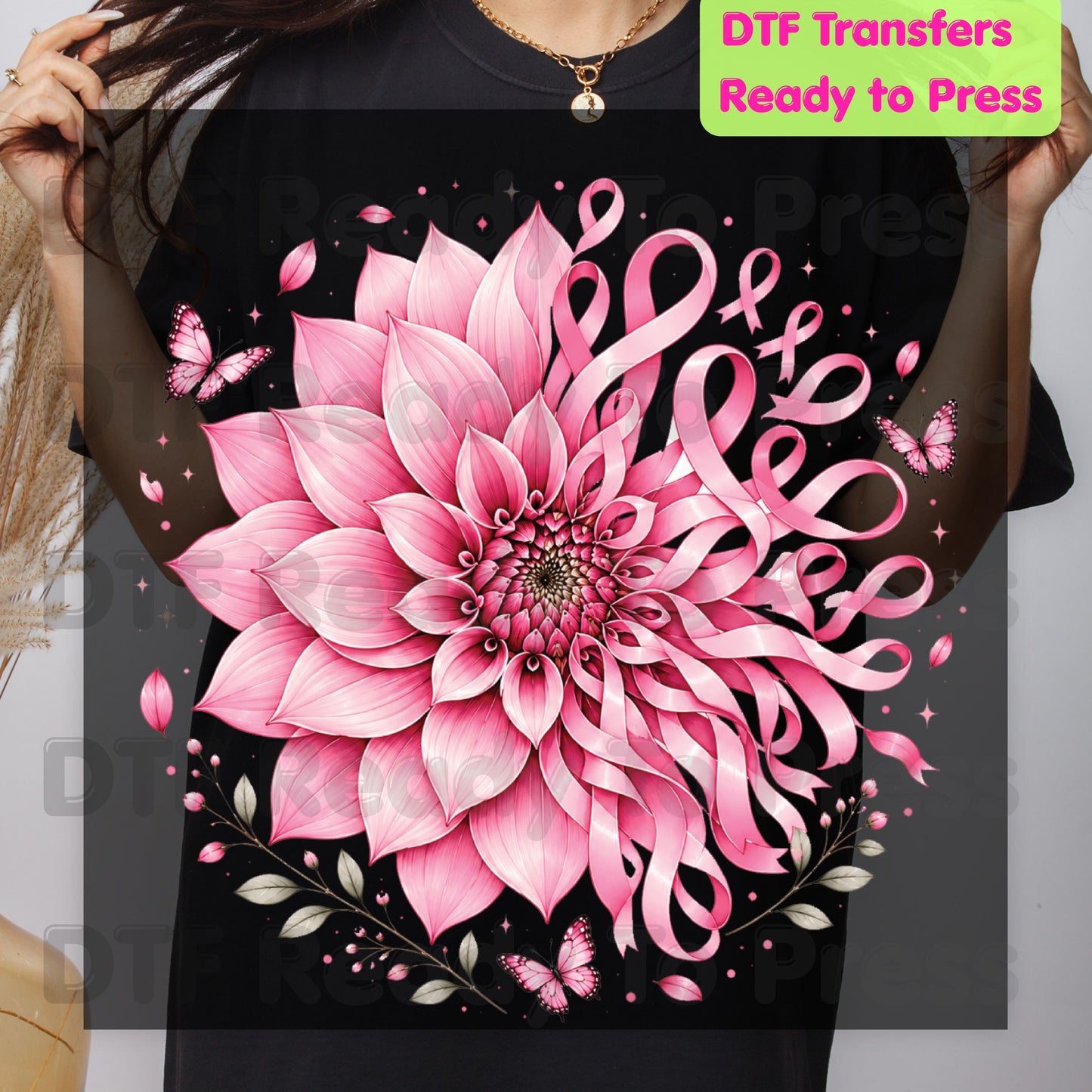 Pink Dahlia Butterfly Ribbon Breast Cancer Awareness DTF Transfer Ready to Press Heat Transfer Tee