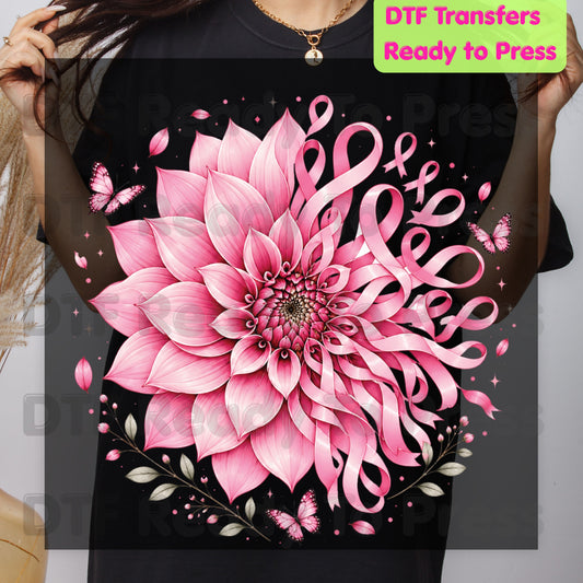 Pink Dahlia Butterfly Ribbon Breast Cancer Awareness DTF Transfer Ready to Press Heat Transfer Tee