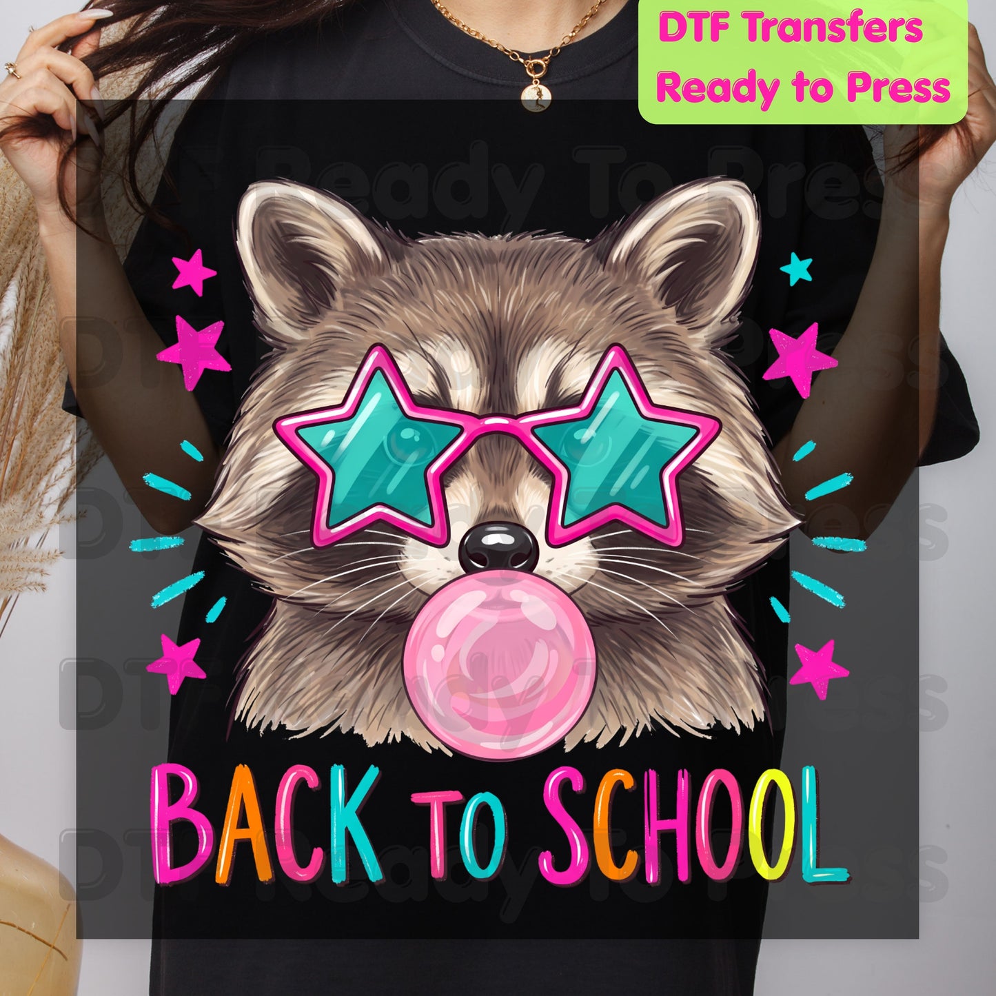 Back to School Raccoon DTF Transfers, Star Sunglasses Bubblegum Trash Panda Ready to Press
