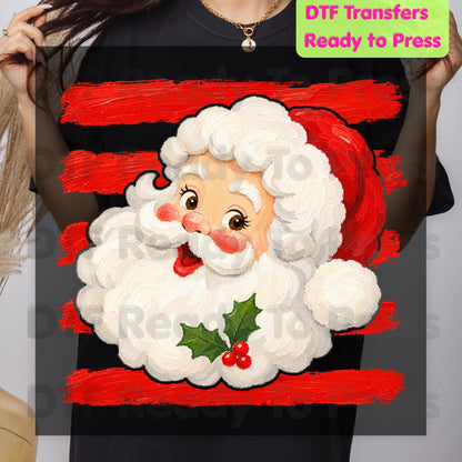 Vintage Santa Claus DTF Transfers, Red Striped Background Festive Christmas Holiday Ready to Press