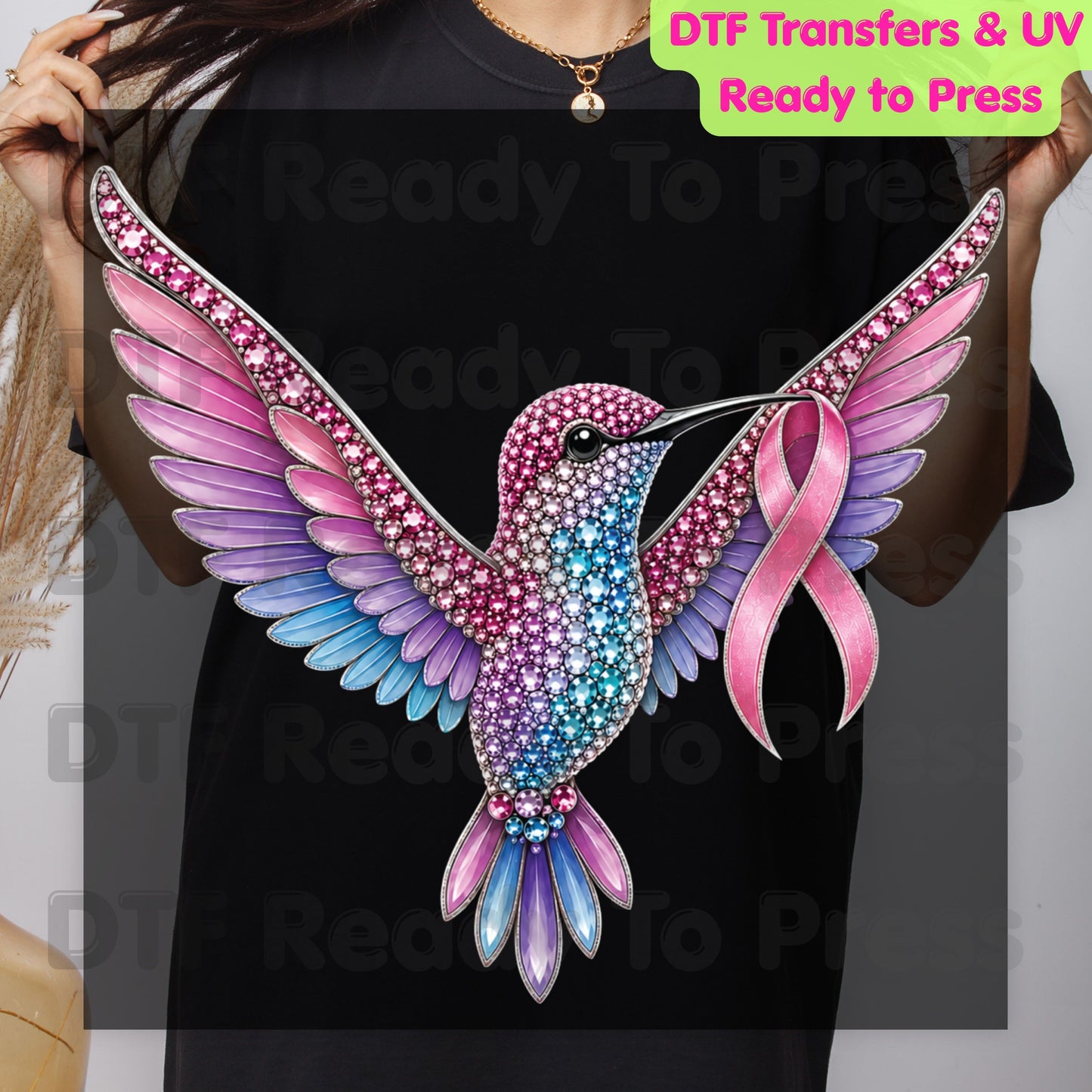 Rhinestone Hummingbird Pink Ribbon Breast Cancer Awareness DTF Transfer Ready to Press Heat Transfer Bird Tee