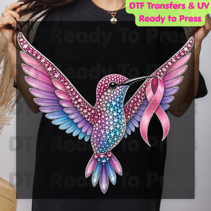 Rhinestone Hummingbird Pink Ribbon Breast Cancer Awareness DTF Transfer Ready to Press Heat Transfer Bird Tee