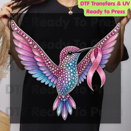 Rhinestone Hummingbird Pink Ribbon Breast Cancer Awareness DTF Transfer Ready to Press Heat Transfer Bird Tee