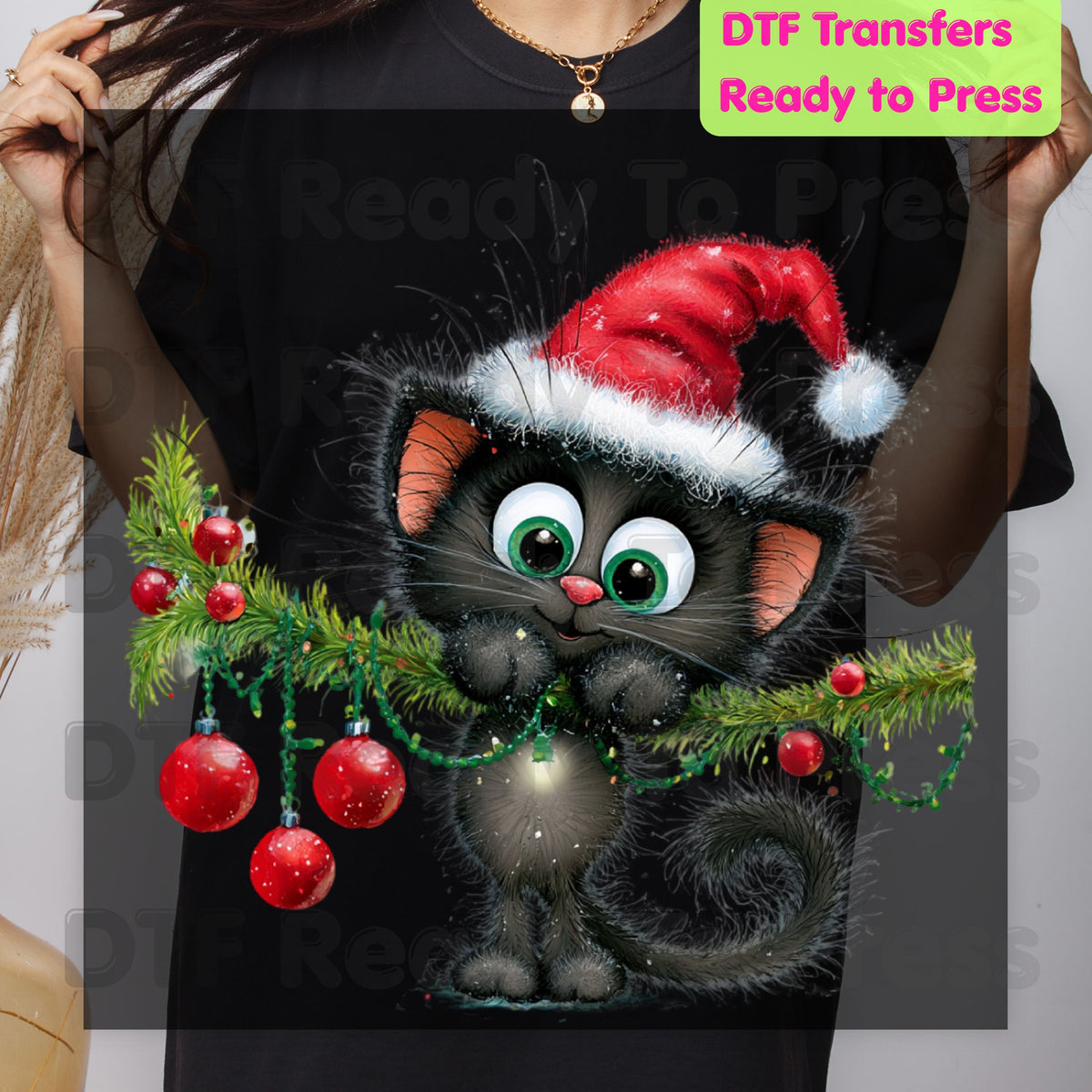 Black Cat Christmas DTF Transfers, Santa Hat Christmas Lights Cute Kitten Holiday Ready to Press