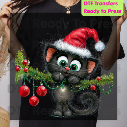 Black Cat Christmas DTF Transfers, Santa Hat Christmas Lights Cute Kitten Holiday Ready to Press