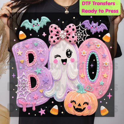 Pastel Cute Ghost Halloween BOO DTF Transfers, Pink Purple Bow Pumpkin Candy Corn Kids Girls Ready to Press