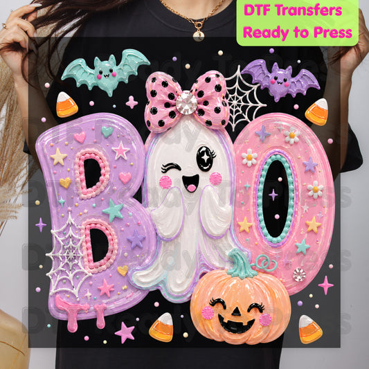 Pastel Cute Ghost Halloween BOO DTF Transfers, Pink Purple Bow Pumpkin Candy Corn Kids Girls Ready to Press