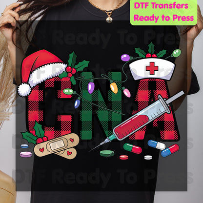 Christmas CNA Plaid DTF Transfers, Medical Nursing Syringe Holiday Lights Ready to Press