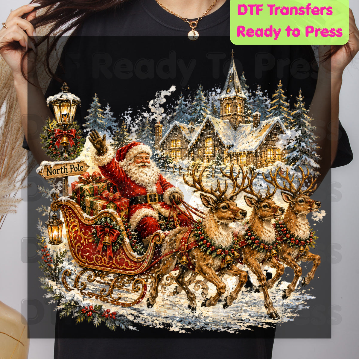 Vintage Santa DTF Transfers, Sleigh Reindeer North Pole Winter Village Christmas Ready to Press