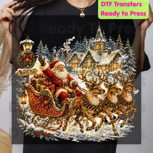 Vintage Santa DTF Transfers, Sleigh Reindeer North Pole Winter Village Christmas Ready to Press