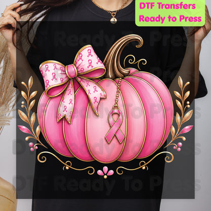 Breast Cancer DTF Transfer Ready to Press Pink Pumpkin Ribbon Bow Awareness Heat Transfer Tee Print Direct to Film Transfer
