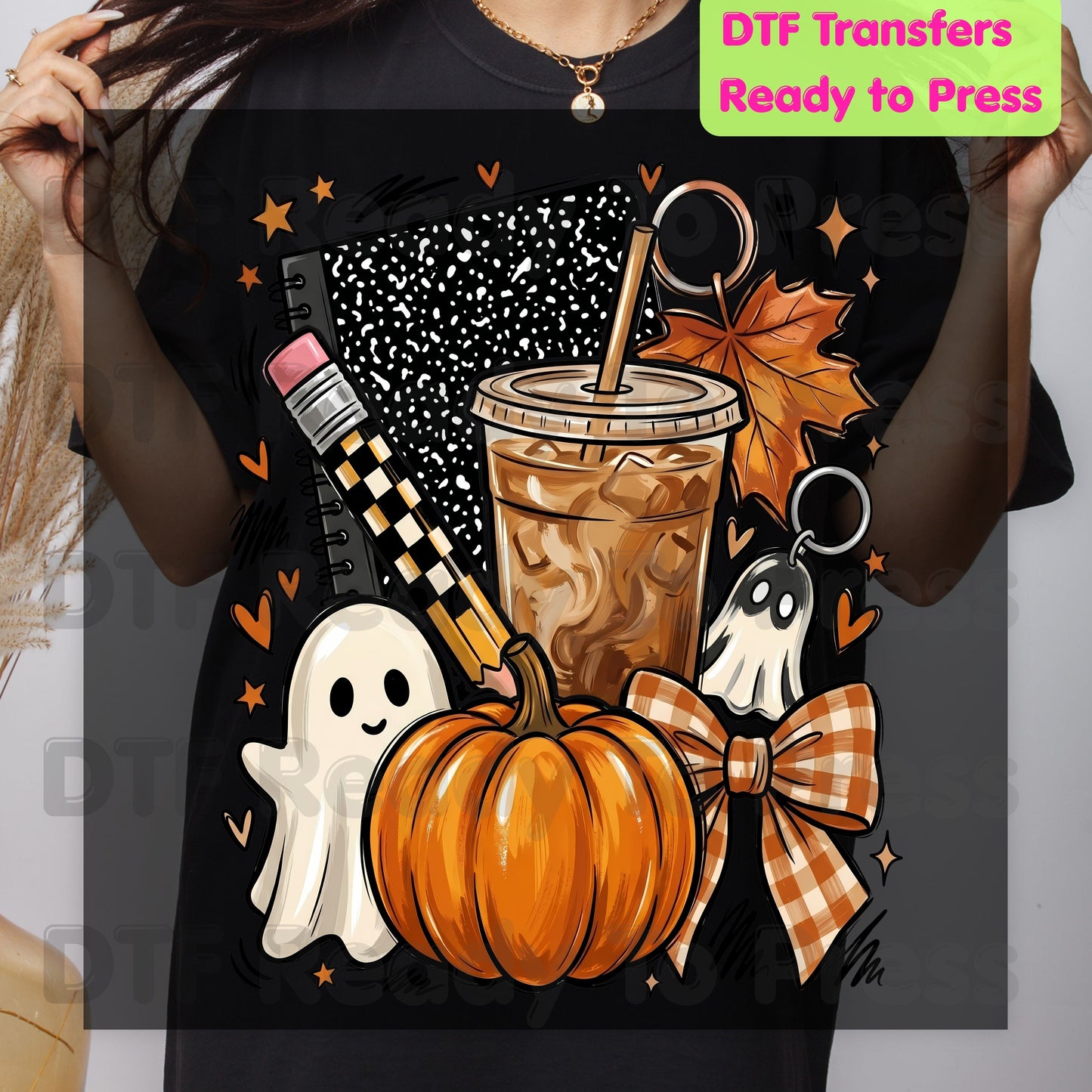 Spooky Teacher DTF Transfer Ready to Press Halloween Fall Heat Transfer For Shirts Iced Coffee Ghost Pumpkin Pencil Composition Notebook