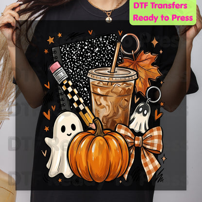 Spooky Teacher DTF Transfer Ready to Press Halloween Fall Heat Transfer For Shirts Iced Coffee Ghost Pumpkin Pencil Composition Notebook