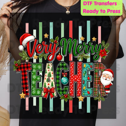 Very Merry Teacher DTF Transfers, Christmas School Plaid Santa Striped Graphic Ready to Press
