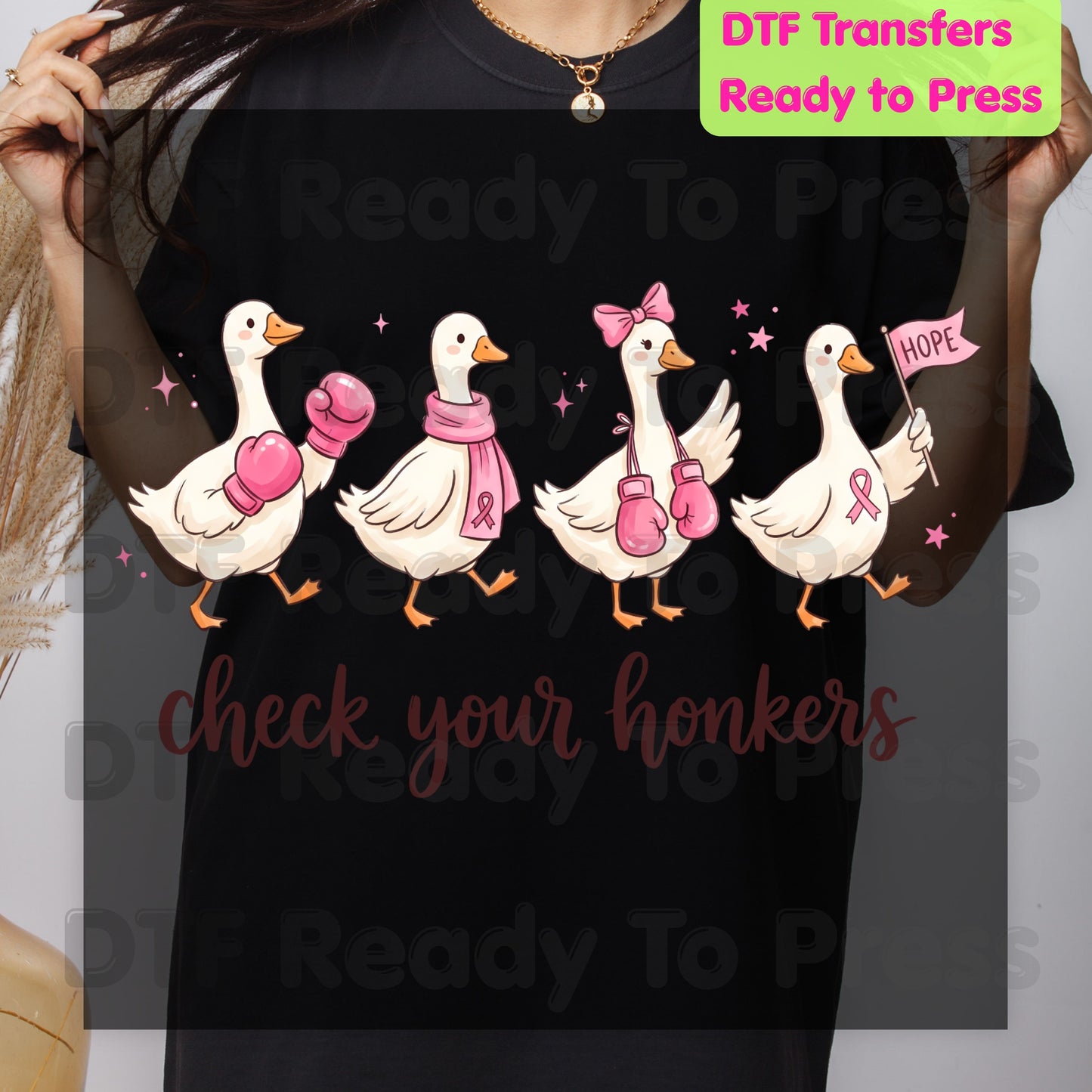 Check Your Honkers Ducks DTF Transfers, Pink Ribbon Boxing Gloves Geese Breast Cancer Awareness Ready to Press