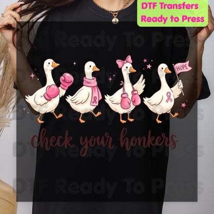 Check Your Honkers Ducks DTF Transfers, Pink Ribbon Boxing Gloves Geese Breast Cancer Awareness Ready to Press