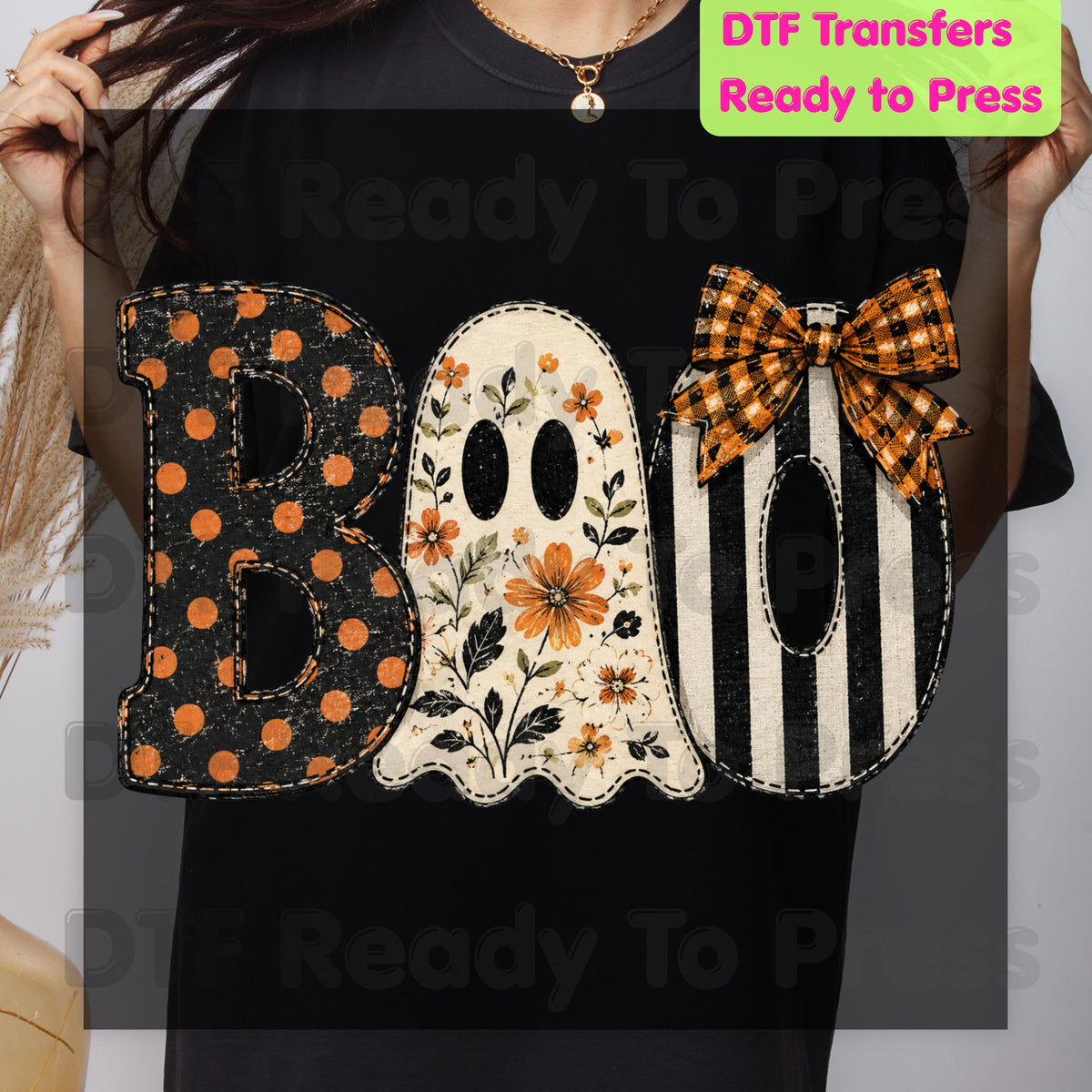 Floral Ghost Halloween DTF Transfers, Boo Orange Polka Dot Coquette Bow Spooky Ready to Press