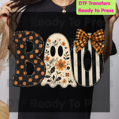 Floral Ghost Halloween DTF Transfers, Boo Orange Polka Dot Coquette Bow Spooky Ready to Press