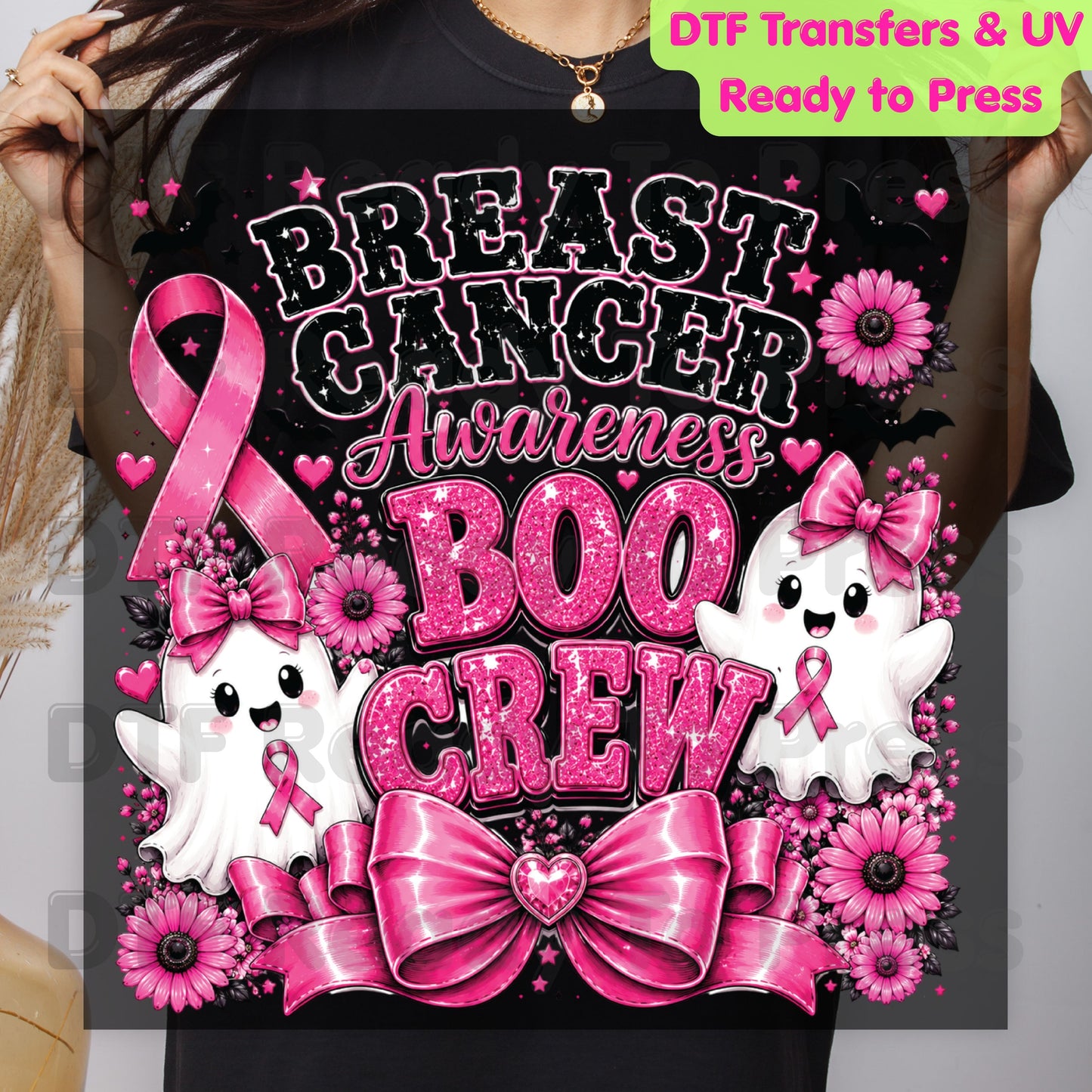 Breast Cancer Awareness Boo Crew DTF Transfer Ready to Press Heat Transfer Spooky Pink Ghost Bow Tee