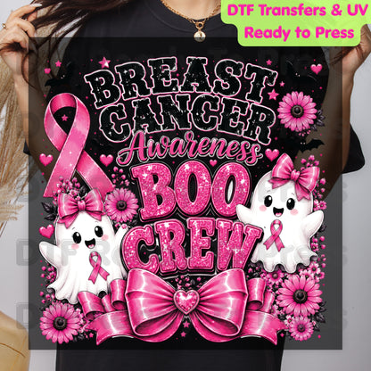 Breast Cancer Awareness Boo Crew DTF Transfer Ready to Press Heat Transfer Spooky Pink Ghost Bow Tee